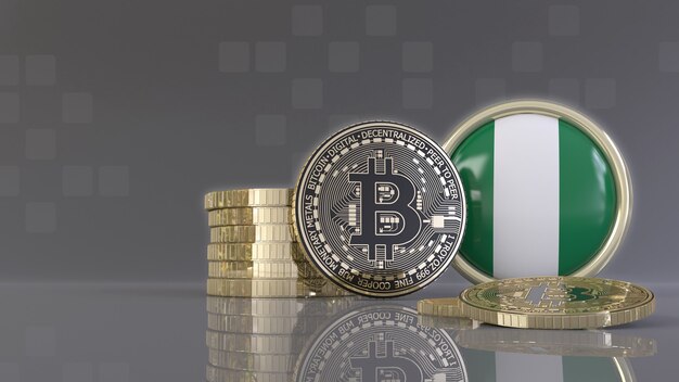 Rendering 3D di alcuni Bitcoin metallici davanti a un badge con la bandiera nigeriana