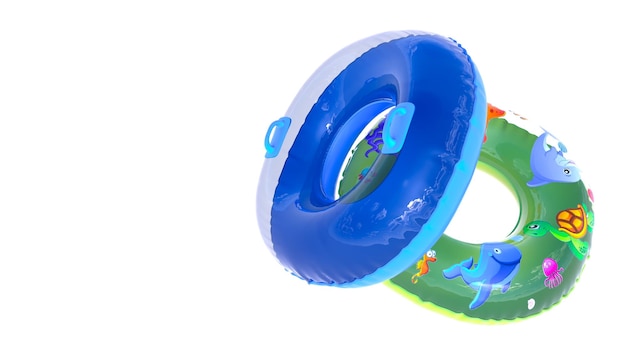 Rendering 3D di anelli da nuoto colorati isolati su sfondo bianco concetto estivo