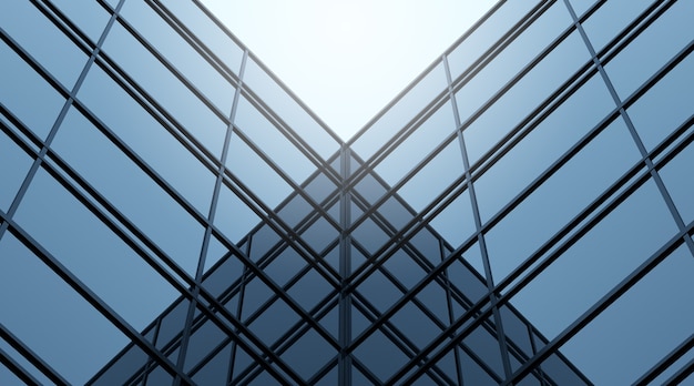 Rendering 3D di architettura futuristica, edificio grattacielo con finestra di vetro.