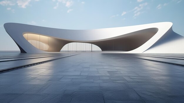 Rendering 3D di architettura moderna con pavimento vuoto e sfondo cielo blu