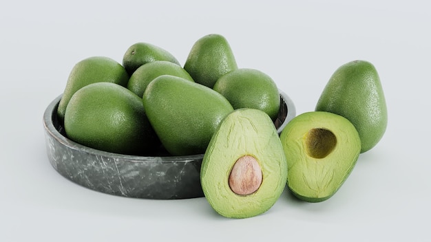 Rendering 3D di avocado verde su lastra di marmo isolata su sfondo bianco