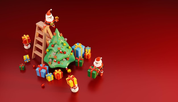 Rendering 3D di Babbo Natale e pupazzo di neve decorano un grande albero di Natale circondato da una confezione regalo