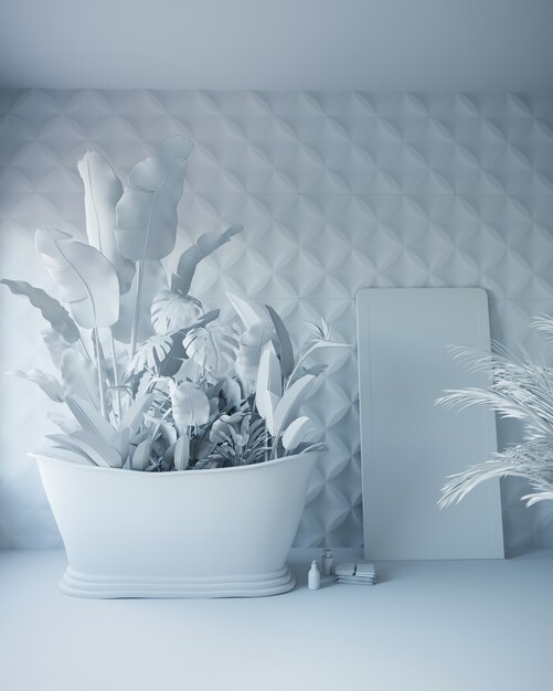 Rendering 3D di bagno bianco con fiori tropicali