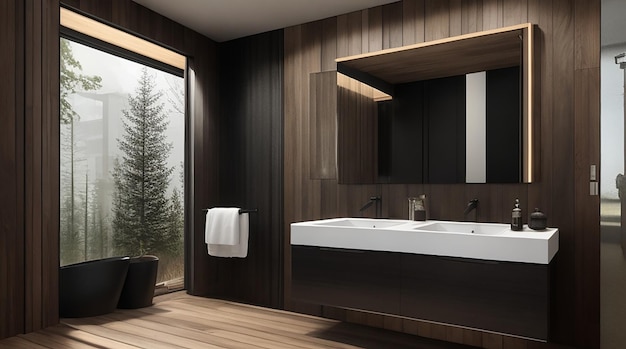 Rendering 3D di bagno nero moderno in legno e pietra