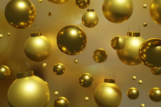 Rendering 3D di bellissime palline di Natale dorate volanti su fondo oro