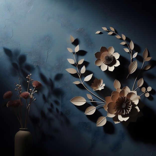 Rendering 3D di bellissimi fiori nella stanza buia con ombra