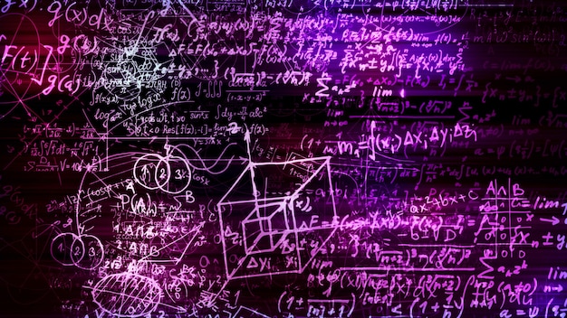 Rendering 3D di blocchi astratti di formule matematiche situate nello spazio virtuale