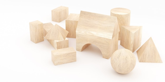 Rendering 3D di blocchi giocattolo in legno.