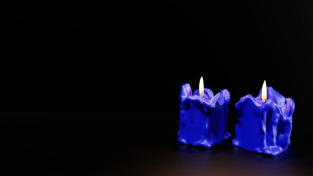 Rendering 3D di candele accese blu su sfondo nero Spazio vuoto per il testo Sfondo per Natale