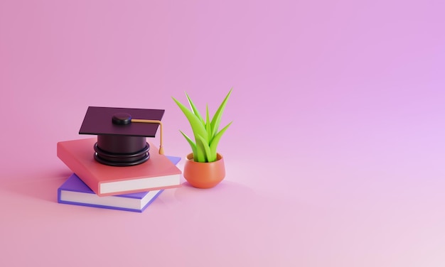 Rendering 3d di cappello di laurea e libro minimo e pianta su colore pastello rosa e viola