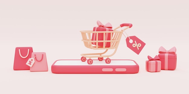 Rendering 3d di carrello rosa con scatole regalo e borsa della spesa su sfondo pastello, concetto di vendita di San Valentino, stile minimal.