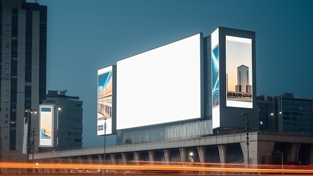 Rendering 3D di cartelloni pubblicitari e insegne pubblicitarie su edifici moderni in una città futuristica
