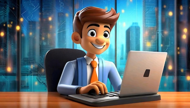 Rendering 3D di cartoni animati come un uomo che lavora al computer