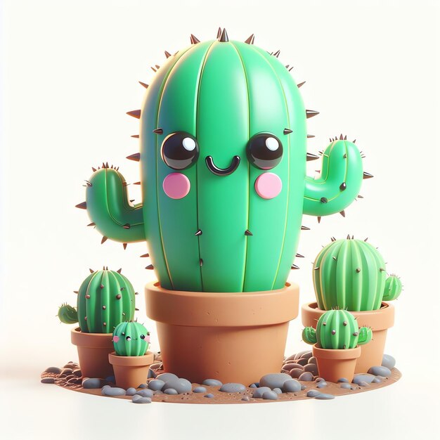 Rendering 3D di cartoni animati di cactus e cactus con ritratto sorridente sullo sfondo di carta da parati adorabile