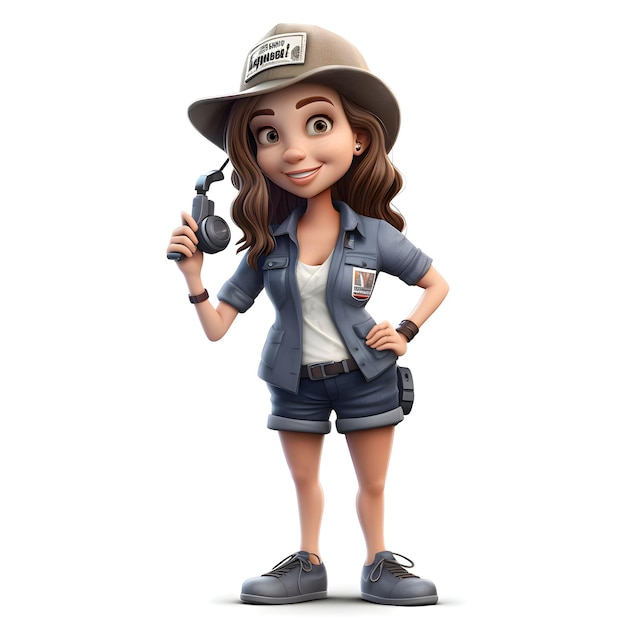 Rendering 3D di Cartoon Safari Girl con cappello da safari e cuffie