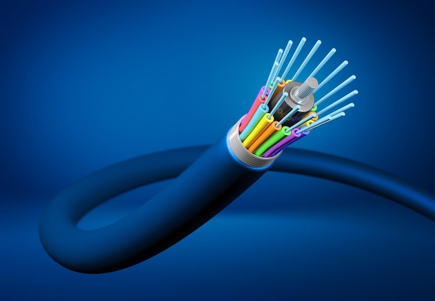 Rendering 3D di cavo a fibra ottica su sfondo blu scuro