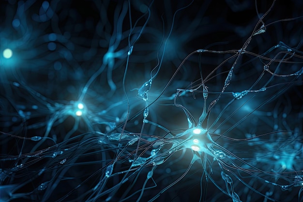 Rendering 3D di cellule neuronali o neuroni in connessione con impulsi elettrici energia elettrica che scorre attraverso le cellule dei neuroni AI Generato