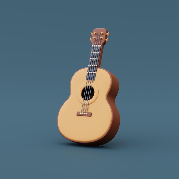 Rendering 3d di chitarra isolata su sfondo blu, attrezzatura da campeggio, concetto di vacanza vacanza stile minimal.