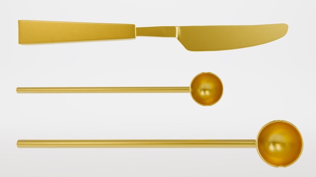 Rendering 3D di coltello e cucchiaio dorati isolati su sfondo bianco