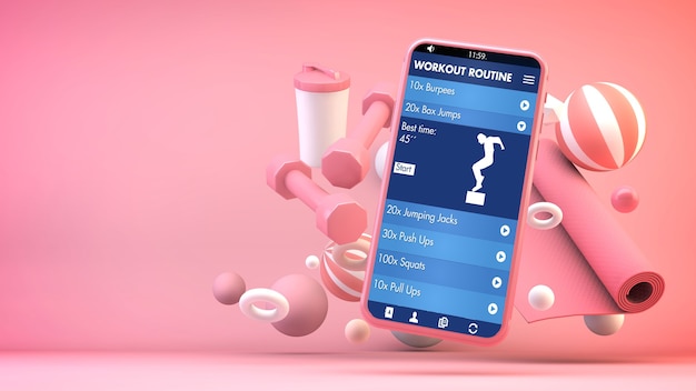 Rendering 3d di concetto di fitness app mock up
