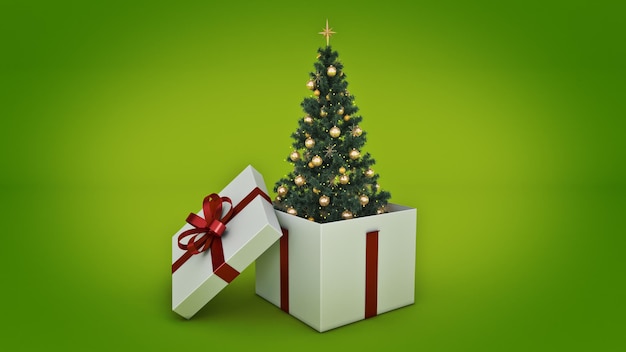 Rendering 3D di concetto di scatola regalo albero di Natale