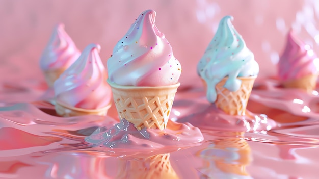 Rendering 3D di coni di gelato rosa pastello e blu che si sciolgono su una superficie liquida rosa Lo sfondo è un colore rosa sfocato