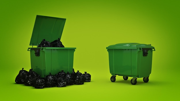 Rendering 3d di contenitori per rifiuti verdi