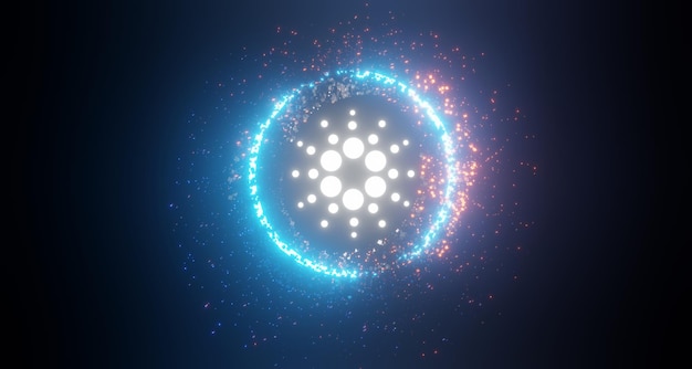 Rendering 3d di criptovaluta Cardano o monete ADA con luce laser al neon di rete tecnologica. Concetto di valuta digitale di criptovaluta. Nuovo scambio di denaro virtuale in blockchain.