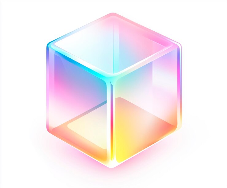 Rendering 3D di cubo di vetro iridescente isolato su sfondo bianco
