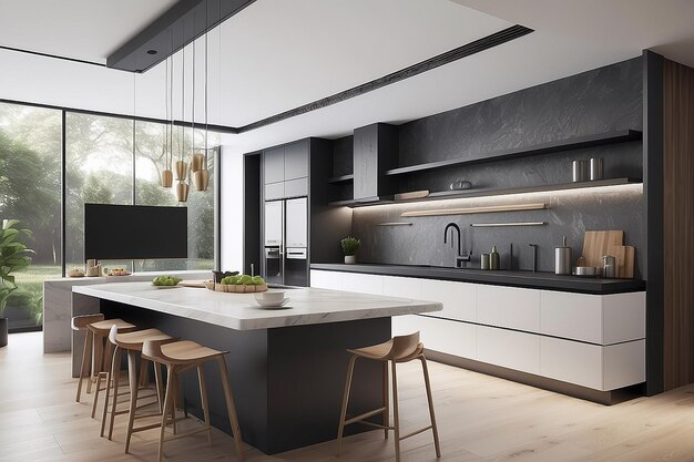 Rendering 3D di cucine di lusso ad alta tecnologia e progettazione di cucine moderne