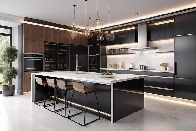 Rendering 3D di cucine di lusso ad alta tecnologia e progettazione di cucine moderne