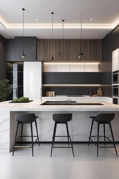 Rendering 3D di cucine di lusso ad alta tecnologia e progettazione di cucine moderne