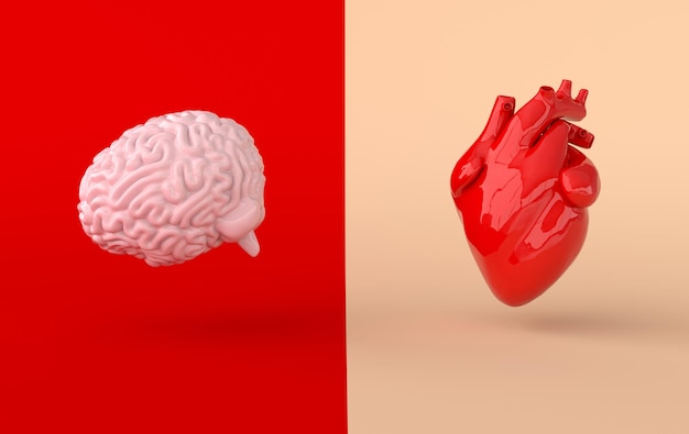 Rendering 3d di cuore e cervello Emozioni e concetto di conflitto di pensiero razionale