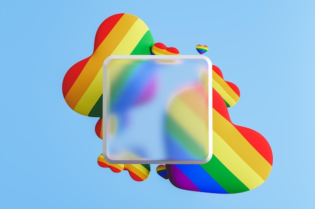 Rendering 3D di cuori arcobaleno dietro quadrato opaco