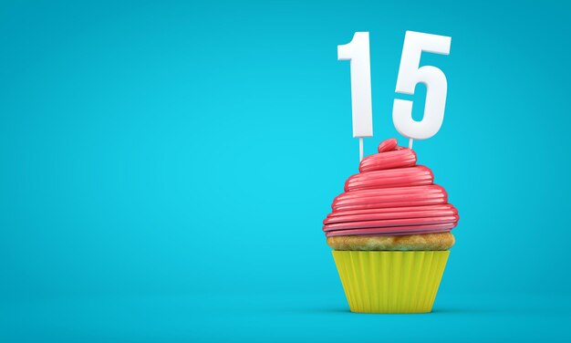 Rendering 3D di cupcake di celebrazione di compleanno numero 15