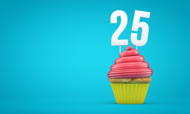 Rendering 3D di cupcake di celebrazione di compleanno numero 25