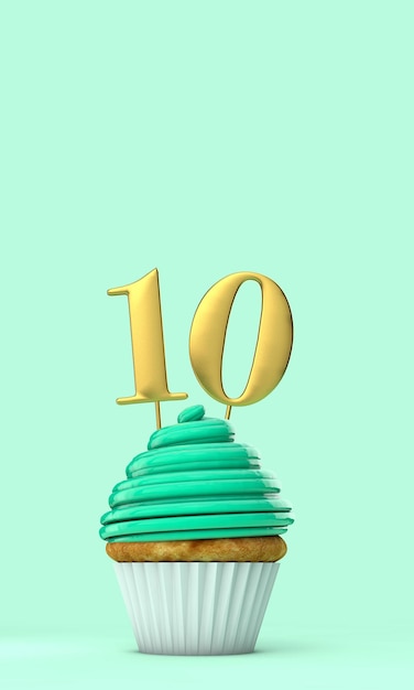 Rendering 3D di cupcake di celebrazione di compleanno verde menta numero 10