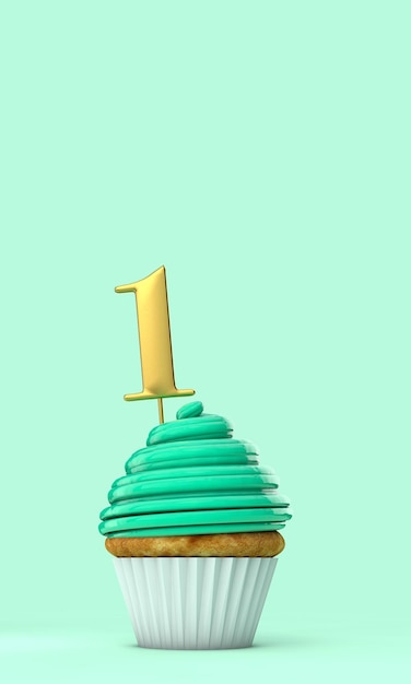 Rendering 3D di cupcake di celebrazione di compleanno verde menta numero 1