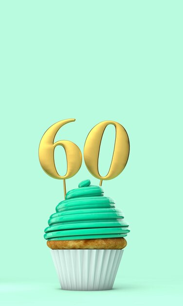 Rendering 3D di cupcake di celebrazione di compleanno verde menta numero 60