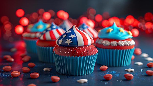 Rendering 3D di cupcakes rossi, bianchi e blu decorati con stelle a forma di bandiera americana