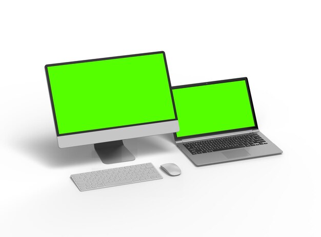 Rendering 3D di desktop e laptop con schermo verde su uno sfondo chiaro