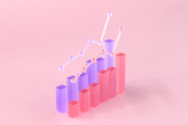 Rendering 3D di diagrammi di trading su sfondo rosa