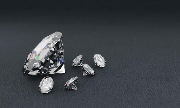 Rendering 3D di diamanti su superficie di pelle grigia