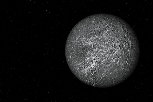 Rendering 3D di Dione una delle lune di Saturno il sesto pianeta dal Sole