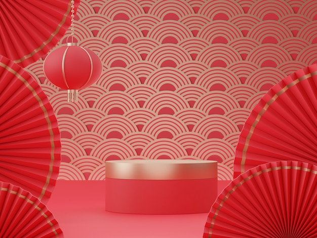 Rendering 3D di display podio con tema capodanno lunare cinese per l'anno del bue