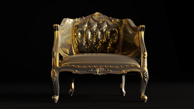 Rendering 3D di divano retro dorato isolato su sfondo scuro poltrona dorata