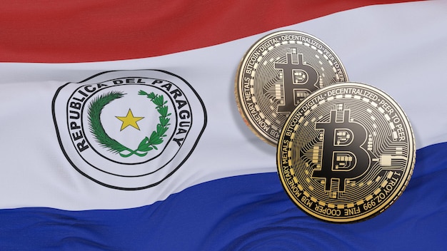 Rendering 3d di due bitcoin davanti a una bandiera paraguaiana