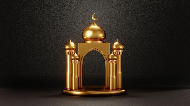 Rendering 3D di edifici dorati arabi di lusso islamici su sfondo nero