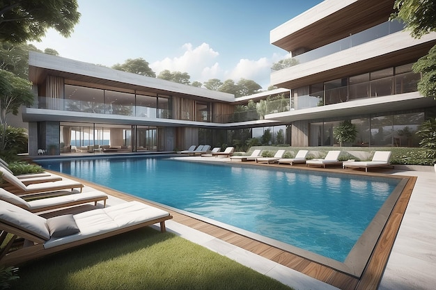 Rendering 3D di edifici e piscine