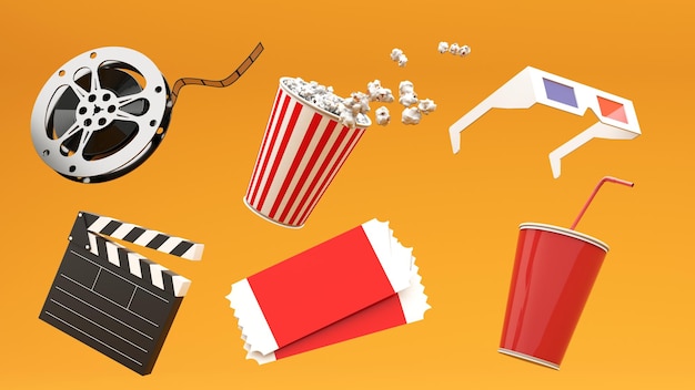 Rendering 3D di elementi dell'industria cinematografica biglietti per telecamere popcorn sedia da cinema per pubblicità cinematografica
